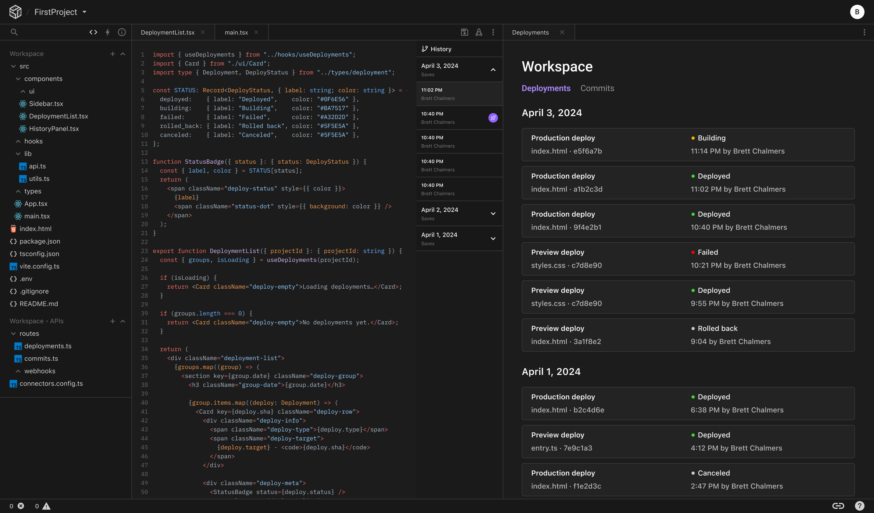 Deployment history — production, preview, rollback in one timeline.
